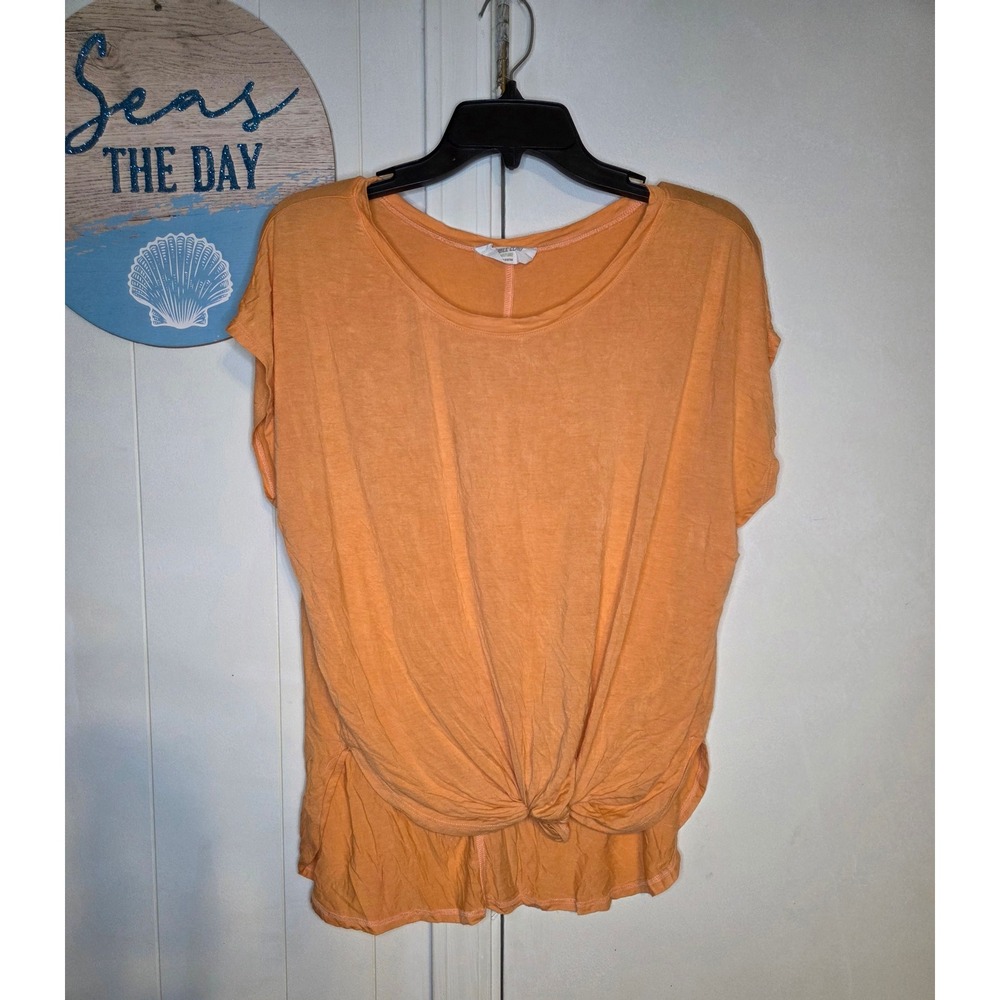 Double Zero Womens Orange Front Knot Short Sleeve Top Large